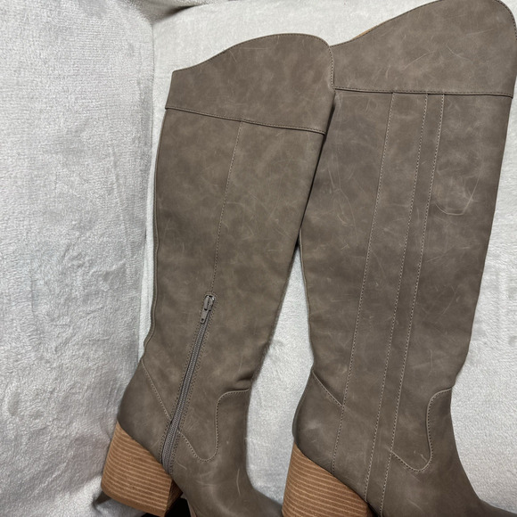 Korks Tall Boot Women 7.5M Brown Block Heel Suede Faux Leather Western Slip On - Picture 6 of 12